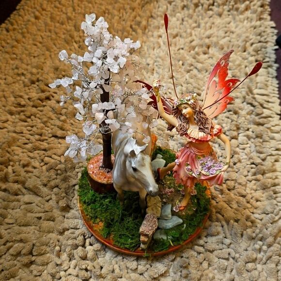 Pink Fairy with White Horse Whimsical‎  Figurine Quartz-like Tree Stone Wall - Picture 1 of 10